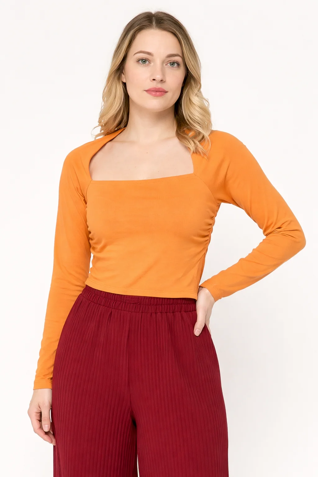 top damski - L/S TOP ‘SHRUG’ SLEEVES & GATHERED SIDE CUT-OUTS